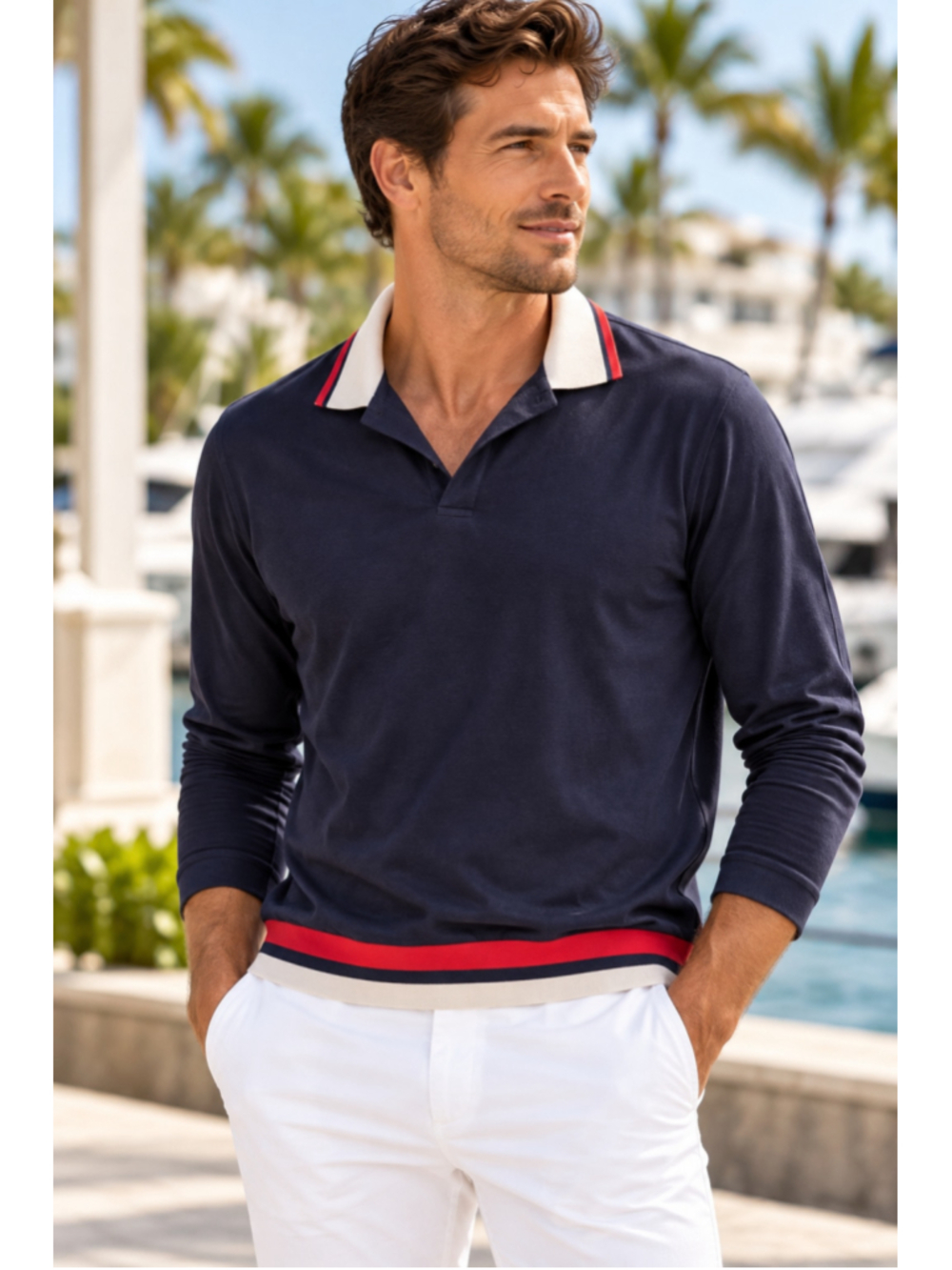 Men's SHEIN Long Sleeve Polo Shirt Size S Navy Blue White Red